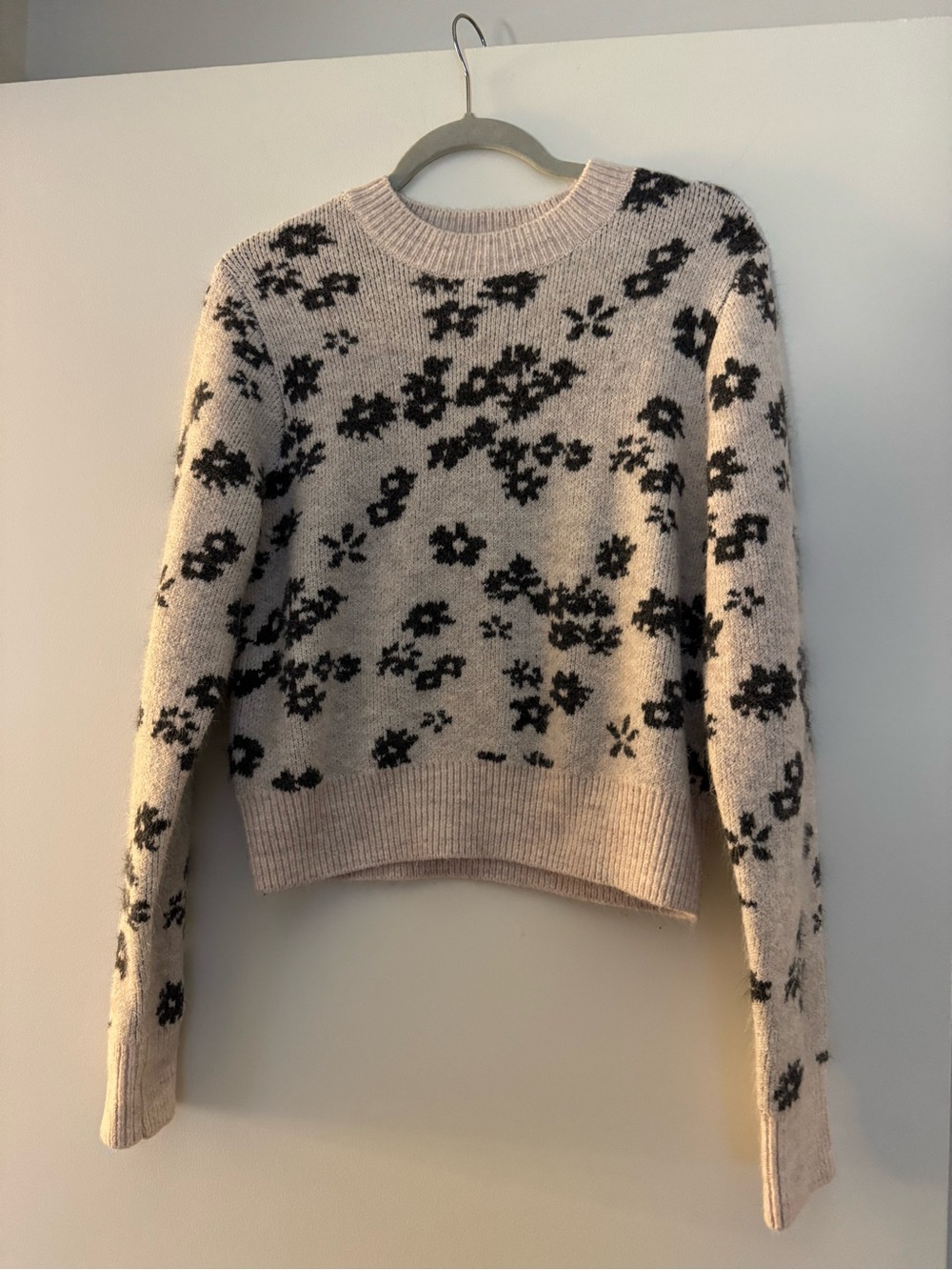 Z Supply Cream Floral Crewneck Sweater with Black Pattern